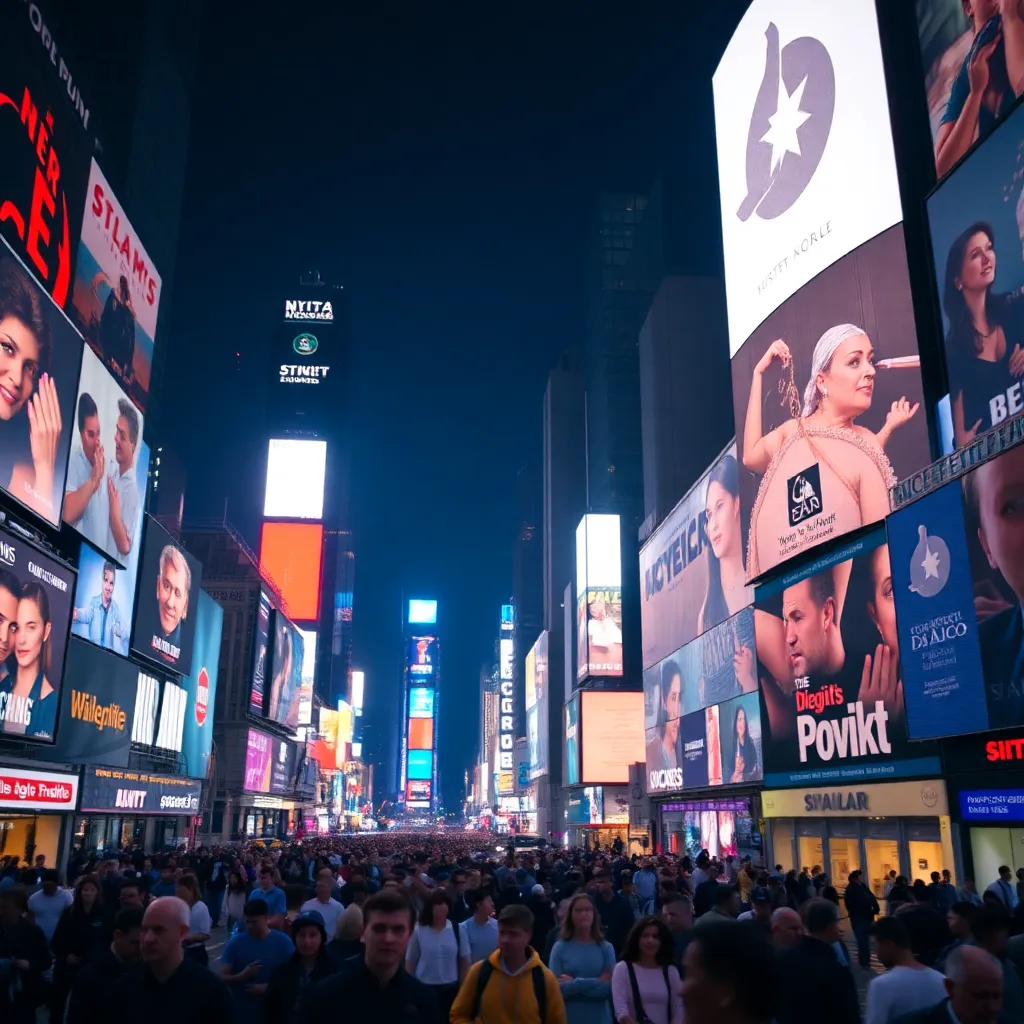 Times Square at night with bright digital billboards and bustling crowds of people